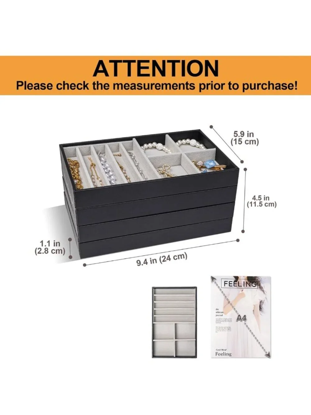 Stackable Jewelry Organizer Trays for Drawers - 4 Layer Storage with Removable